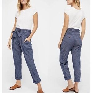 Free People RUMORS Yarn Dye Harem Pinstripe‎ Paperbag Pants High Waist Navy 4